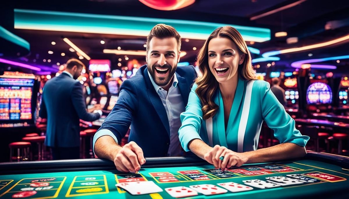Tampilan studio dengan layar interaktif menampilkan odds dan taruhan